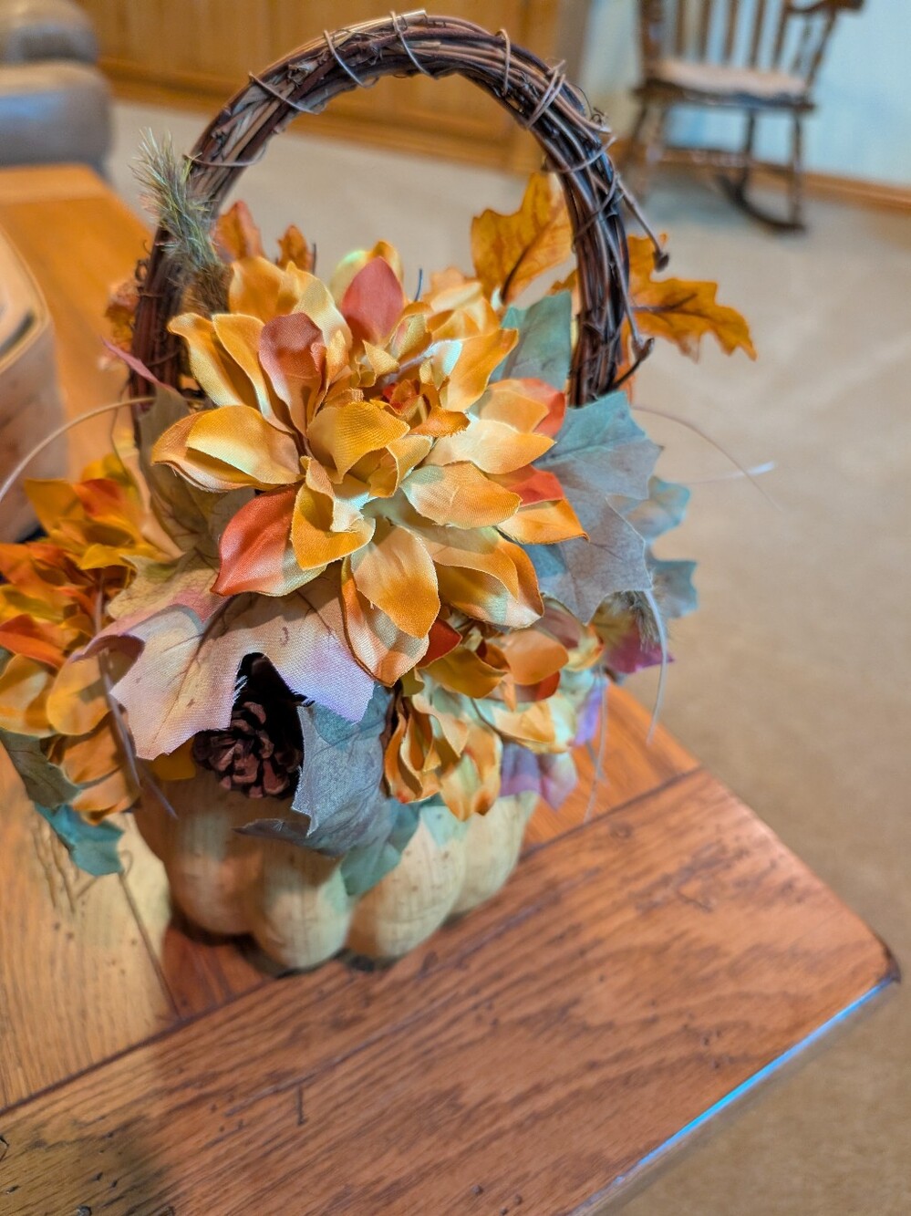Autumn Pumpkin Basket with Orange Floral Accent